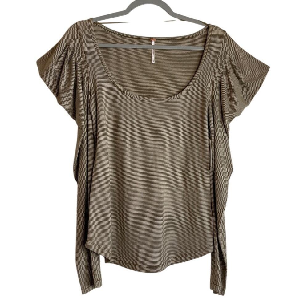 Free People Penelope Striped Puff Long Sleeve Tee Size M Moss Scoop Neck NWT